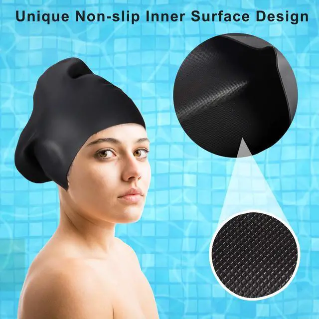 Alt view image 5 of 6 - Swim Cap Long Hair 2 Pack Swimming Cap for Women Silicone Swim Caps Keep Hair Dry Waterproof Comfortable Flexible Durable Bathing Cap Tear-Proof Design Large Adult Women Swimming Caps 10+ Years Girls