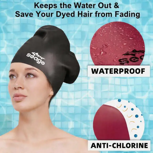 Alt view image 6 of 6 - Swim Cap Long Hair 2 Pack Swimming Cap for Women Silicone Swim Caps Keep Hair Dry Waterproof Comfortable Flexible Durable Bathing Cap Tear-Proof Design Large Adult Women Swimming Caps 10+ Years Girls