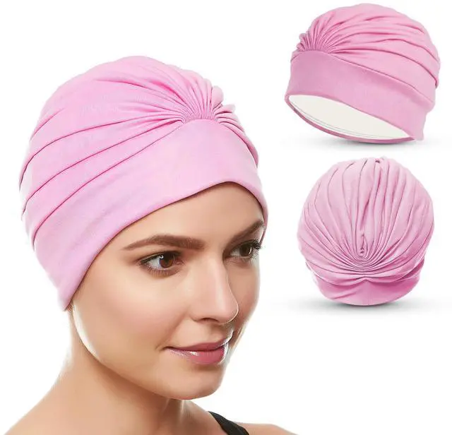 Main image of Swim Caps for Women Swimming Turban Polyester Latex Lined Pleated for Ladies - Light Pink