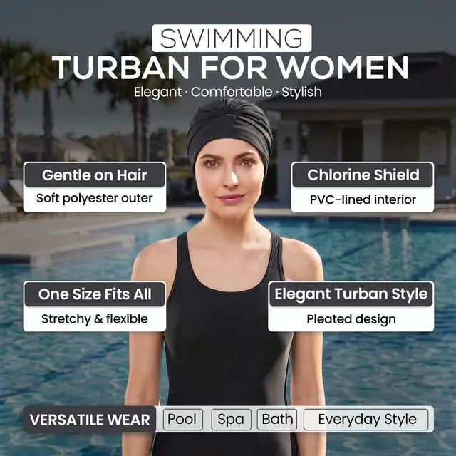 Alt view image 2 of 7 - Swim Caps for Women Swimming Turban Polyester Latex Lined Pleated for Ladies - Light Pink