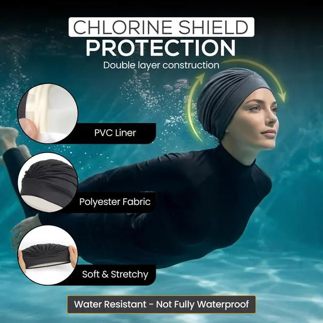 Alt view image 4 of 7 - Swim Caps for Women Swimming Turban Polyester Latex Lined Pleated for Ladies - Light Pink