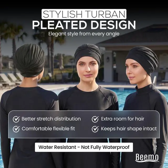 Alt view image 5 of 7 - Swim Caps for Women Swimming Turban Polyester Latex Lined Pleated for Ladies - Light Pink