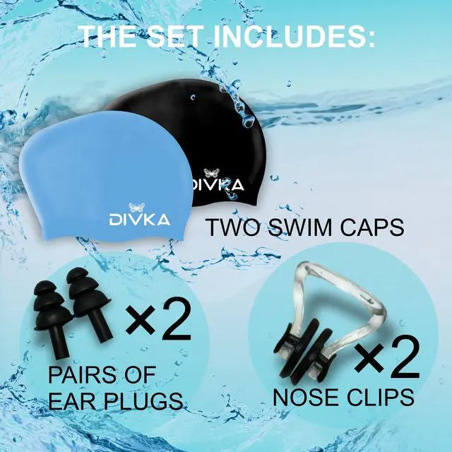 Alt view image 3 of 7 - Premium Quality Silicone Swim Caps 2 Pack - Waterproof Long Hair Swimming Caps for Women and Men, Stretchy Comfortable Durable Swim Cap for Pool and Training Includes Ear Plugs and Nose Clip