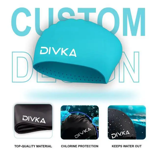 Alt view image 2 of 7 - Premium Quality Silicone Swim Caps 2 Pack - Waterproof Long Hair Swimming Caps for Women and Men, Stretchy Comfortable Durable Swim Cap for Pool and Training Includes Ear Plugs and Nose Clip