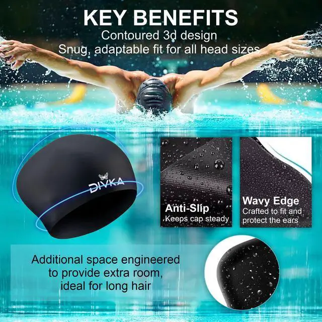 Alt view image 7 of 7 - Premium Quality Silicone Swim Caps 2 Pack - Waterproof Long Hair Swimming Caps for Women and Men, Stretchy Comfortable Durable Swim Cap for Pool and Training Includes Ear Plugs and Nose Clip