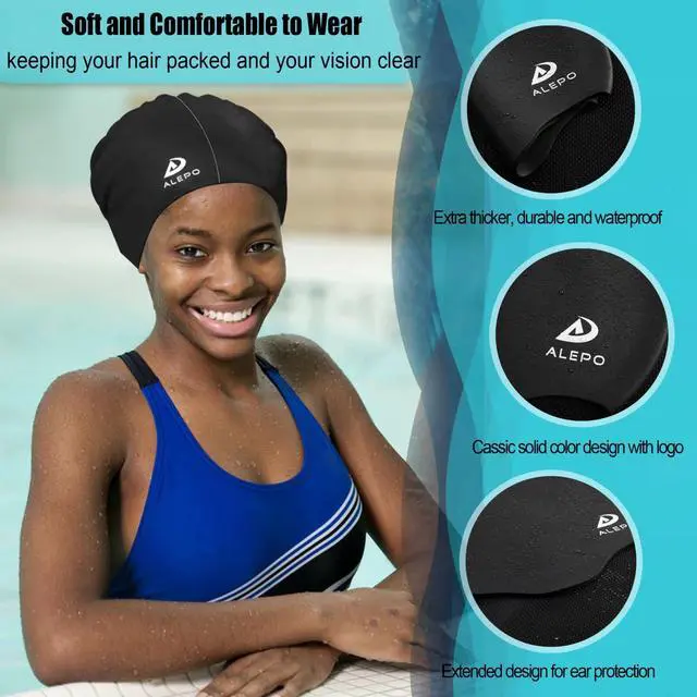 Alt view image 3 of 7 - Extra Large Swimming Cap Women Men, Durable Silicone Swimming Hat Long Hair with Ear Protection, Unisex Adults Swim Caps for Long Thick Curly Hair & Dreadlocks Braids Weaves Afro Hair