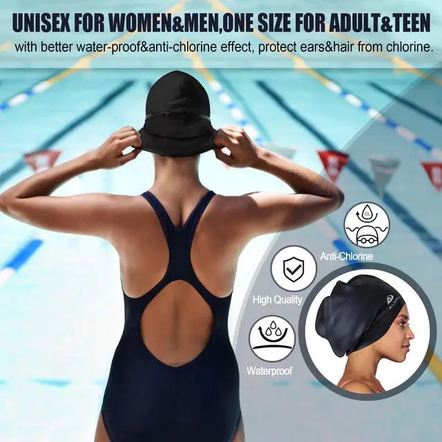 Alt view image 5 of 7 - Extra Large Swimming Cap Women Men, Durable Silicone Swimming Hat Long Hair with Ear Protection, Unisex Adults Swim Caps for Long Thick Curly Hair & Dreadlocks Braids Weaves Afro Hair