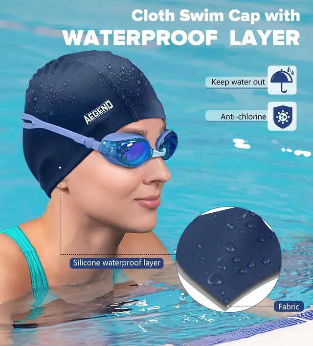 Alt view image 5 of 7 - Fabric Swim Cap, Silicone Waterproof Layer - Breathable Cloth Swimming Cap, Keep Hair Dry with Hight Elasticity for Women Men, 2 Sizes to Choose (Navy Blue, Medium)
