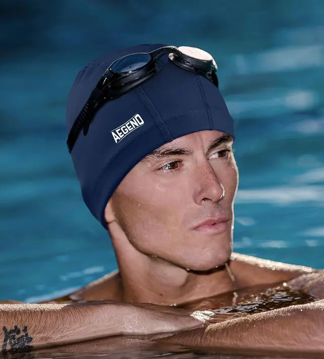 Alt view image 7 of 7 - Fabric Swim Cap, Silicone Waterproof Layer - Breathable Cloth Swimming Cap, Keep Hair Dry with Hight Elasticity for Women Men, 2 Sizes to Choose (Navy Blue, Medium)