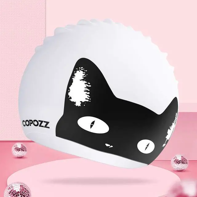 Alt view image 2 of 7 - Womens Swim Cap for All Hair - Large, Comfortable Silicone Swimming Cap, Waterproof Design for Long, Short, Thick & Curly Hair | Secure & Comfortable Fit (Black Cat-12yrs+)