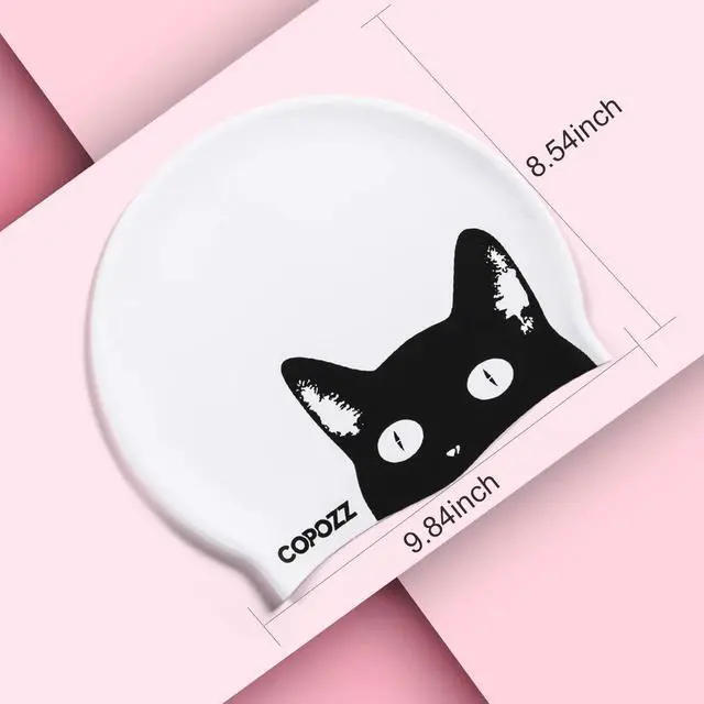 Alt view image 5 of 7 - Womens Swim Cap for All Hair - Large, Comfortable Silicone Swimming Cap, Waterproof Design for Long, Short, Thick & Curly Hair | Secure & Comfortable Fit (Black Cat-12yrs+)