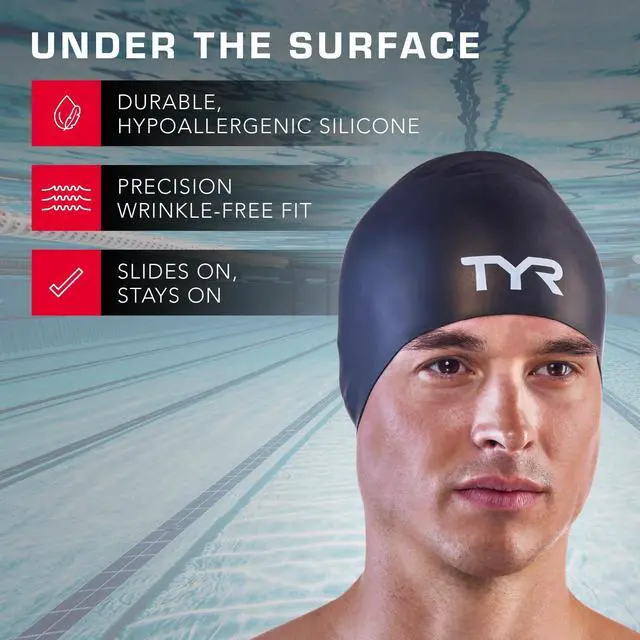 Alt view image 3 of 6 - Silicone Swim Cap for Men and Women Wrinkle-Free, Durable & Tear Resistant, Low Drag Training & Competition Cap, Black