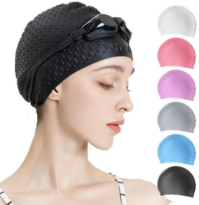 Main image of Silicone Swim Cap,Comfortable Bathing Cap Ideal for Curly Short Medium Long Hair, Swimming Cap for Women and Men, Shower Caps Keep Hairstyle Unchanged (Black)