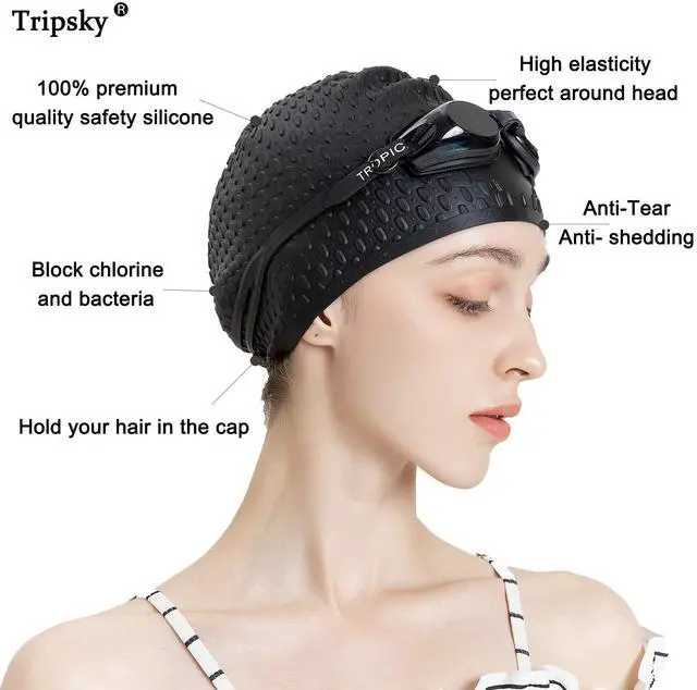 Alt view image 2 of 7 - Silicone Swim Cap,Comfortable Bathing Cap Ideal for Curly Short Medium Long Hair, Swimming Cap for Women and Men, Shower Caps Keep Hairstyle Unchanged (Black)