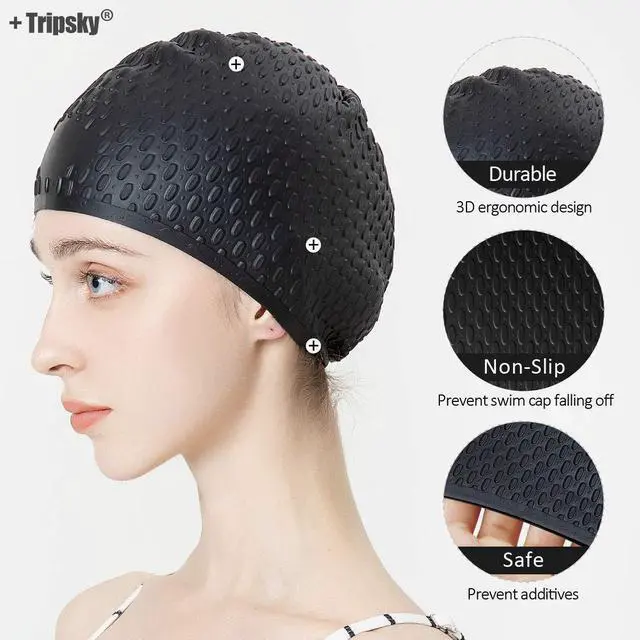 Alt view image 3 of 7 - Silicone Swim Cap,Comfortable Bathing Cap Ideal for Curly Short Medium Long Hair, Swimming Cap for Women and Men, Shower Caps Keep Hairstyle Unchanged (Black)