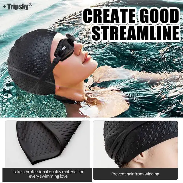 Alt view image 6 of 7 - Silicone Swim Cap,Comfortable Bathing Cap Ideal for Curly Short Medium Long Hair, Swimming Cap for Women and Men, Shower Caps Keep Hairstyle Unchanged (Black)
