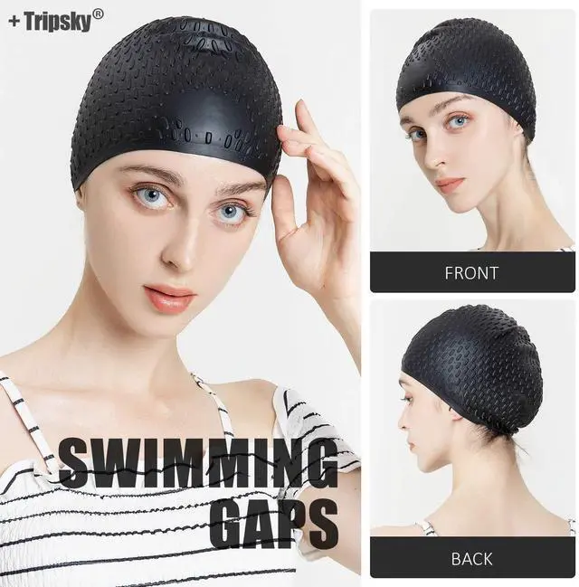Alt view image 7 of 7 - Silicone Swim Cap,Comfortable Bathing Cap Ideal for Curly Short Medium Long Hair, Swimming Cap for Women and Men, Shower Caps Keep Hairstyle Unchanged (Black)