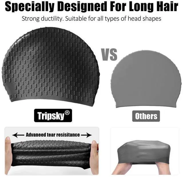 Alt view image 5 of 7 - Silicone Swim Cap,Comfortable Bathing Cap Ideal for Curly Short Medium Long Hair, Swimming Cap for Women and Men, Shower Caps Keep Hairstyle Unchanged (Black)