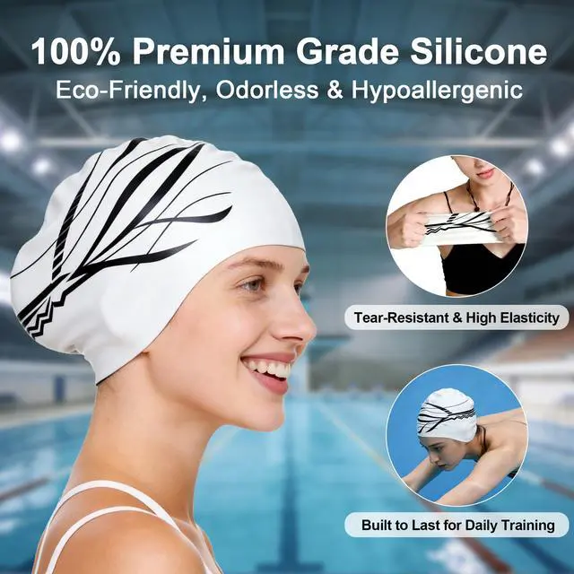 Alt view image 2 of 7 - Extra Large White Silicone Swim Cap for Long Hair - Odor-Free, 3D Molded Ear Pockets, Non-Slip Ultimate Fit for Women & Men Adults