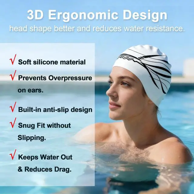 Alt view image 3 of 7 - Extra Large White Silicone Swim Cap for Long Hair - Odor-Free, 3D Molded Ear Pockets, Non-Slip Ultimate Fit for Women & Men Adults