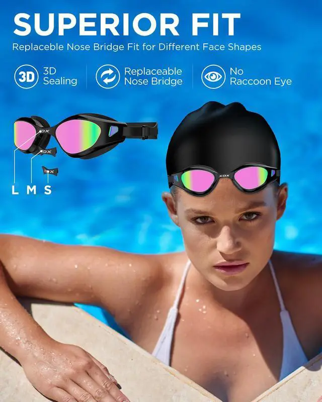 Alt view image 2 of 7 - Swim Goggles with Swim Cap Anti-Fog Pool Goggles with Detachable Lenses Swimming Goggles Cap Set for Youth Men Women,Bright Rose