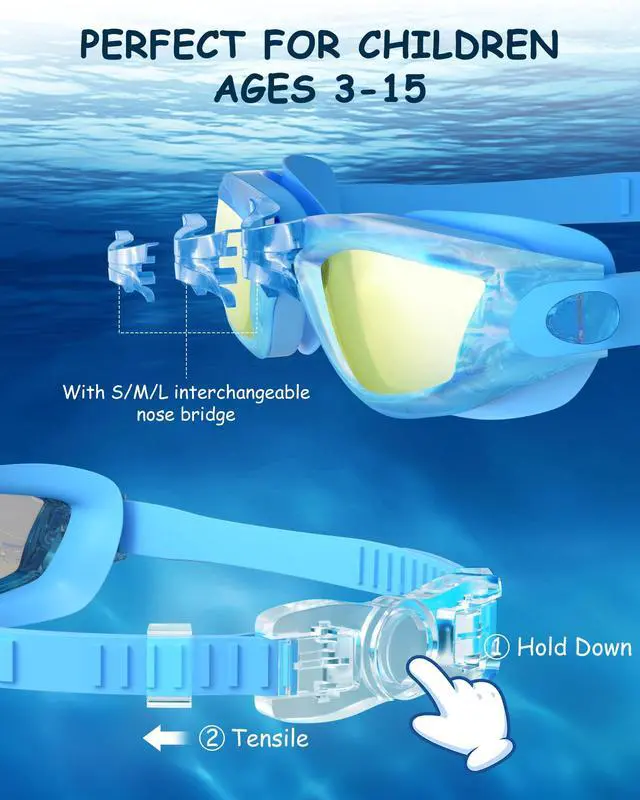 Alt view image 2 of 7 - Kids Swim Goggles, Swimming Goggles for Kids Toddlers 3-14 with Swim Cap, Nose Clip, Nose Bridge, Ear Plugs
