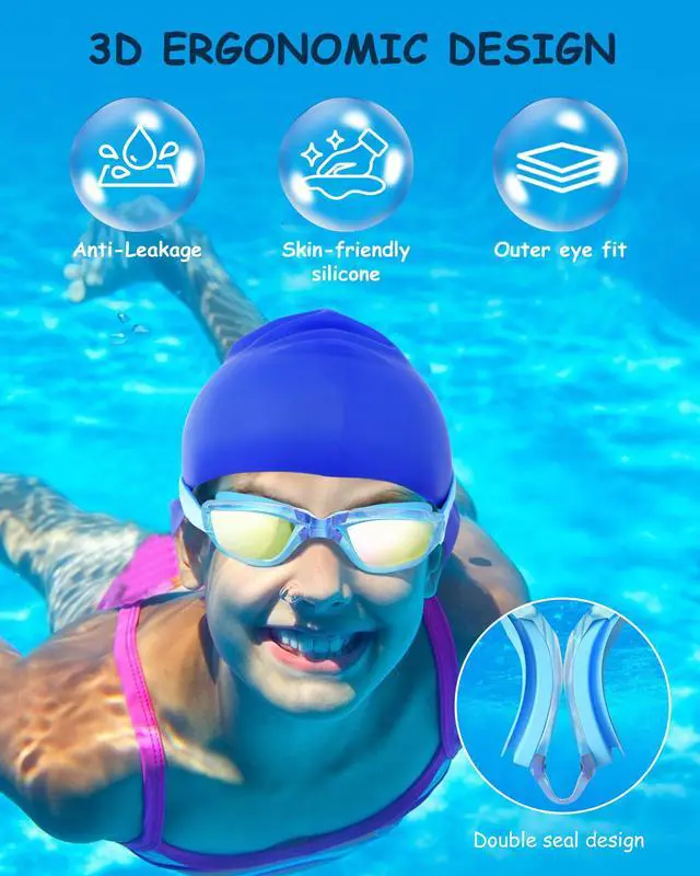 Alt view image 5 of 7 - Kids Swim Goggles, Swimming Goggles for Kids Toddlers 3-14 with Swim Cap, Nose Clip, Nose Bridge, Ear Plugs