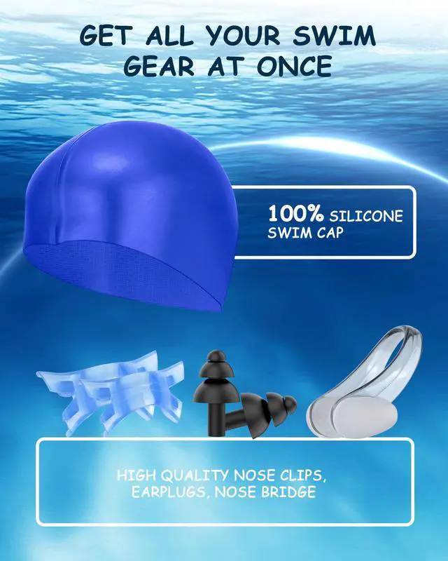 Alt view image 6 of 7 - Kids Swim Goggles, Swimming Goggles for Kids Toddlers 3-14 with Swim Cap, Nose Clip, Nose Bridge, Ear Plugs