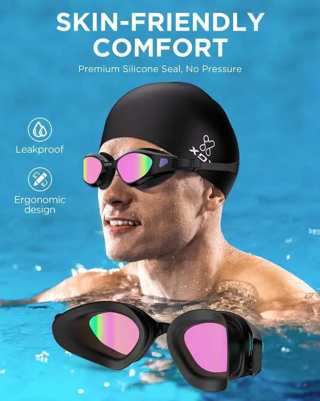 Alt view image 6 of 7 - Swim Goggles with Swim Cap Anti-Fog Pool Goggles with Detachable Lenses Swimming Goggles Cap Set for Youth Men Women,Bright Rose