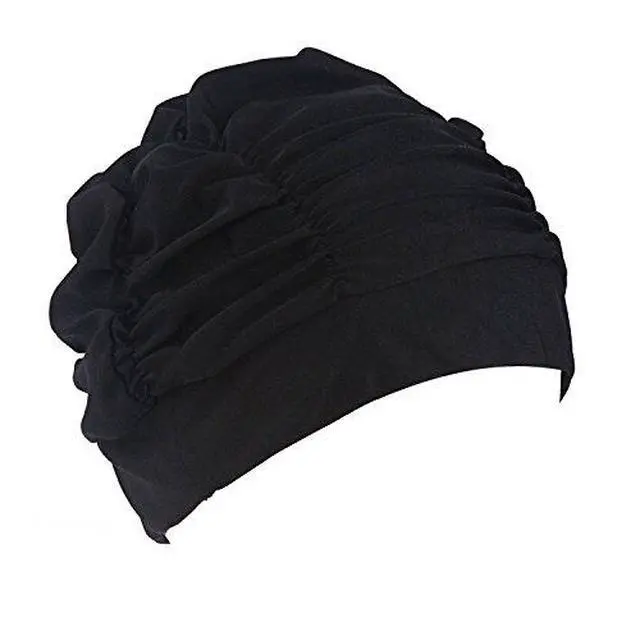 Alt view image 3 of 7 - Colorful Pleated Nylon Cloth Swim Cap Large Swimming Cap Hot Spring Bathing Caps for Adult Men Women Long Hair(Black)
