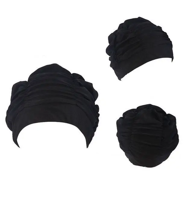 Alt view image 2 of 7 - Colorful Pleated Nylon Cloth Swim Cap Large Swimming Cap Hot Spring Bathing Caps for Adult Men Women Long Hair(Black)