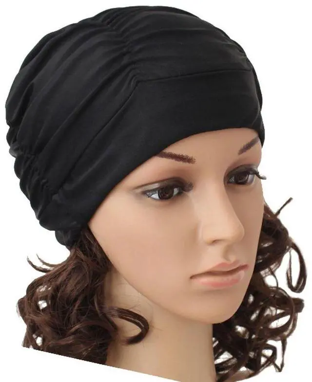 Main image of Colorful Pleated Nylon Cloth Swim Cap Large Swimming Cap Hot Spring Bathing Caps for Adult Men Women Long Hair(Black)