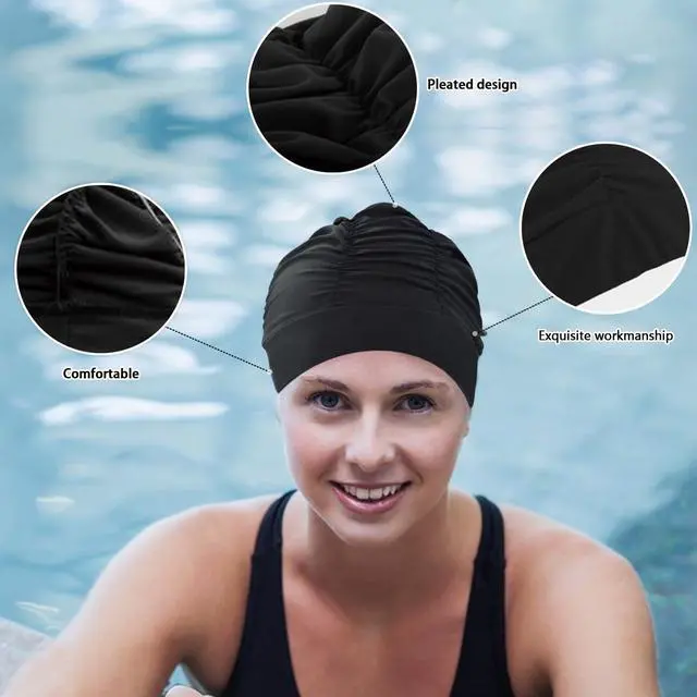 Alt view image 5 of 7 - Colorful Pleated Nylon Cloth Swim Cap Large Swimming Cap Hot Spring Bathing Caps for Adult Men Women Long Hair(Black)