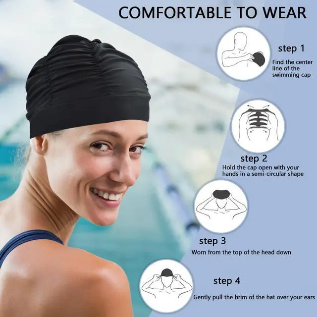Alt view image 6 of 7 - Colorful Pleated Nylon Cloth Swim Cap Large Swimming Cap Hot Spring Bathing Caps for Adult Men Women Long Hair(Black)