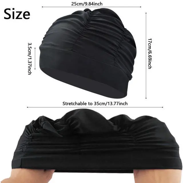 Alt view image 4 of 7 - Colorful Pleated Nylon Cloth Swim Cap Large Swimming Cap Hot Spring Bathing Caps for Adult Men Women Long Hair(Black)
