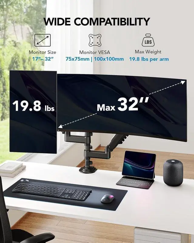 Alt view image 2 of 7 - 17-32 Inch Dual Monitor Stand, Vertical Dual Monitor Mount, Monitor Stand 2 Monitors, Ergonomic Adjustable Tilt/Swivel/Rotate, Weight Max 19.8 lbs, VESA 75/100mm