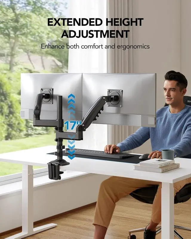 Alt view image 6 of 7 - 17-32 Inch Dual Monitor Stand, Vertical Dual Monitor Mount, Monitor Stand 2 Monitors, Ergonomic Adjustable Tilt/Swivel/Rotate, Weight Max 19.8 lbs, VESA 75/100mm