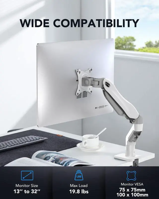 Alt view image 2 of 6 - Single Monitor Mount, 13 to 32 Inch Gas Spring Monitor Arm, Adjustable Stand, Vesa Mount with Clamp and Grommet Base - Fits 4.4 to 19.8lbs LCD Computer Monitors