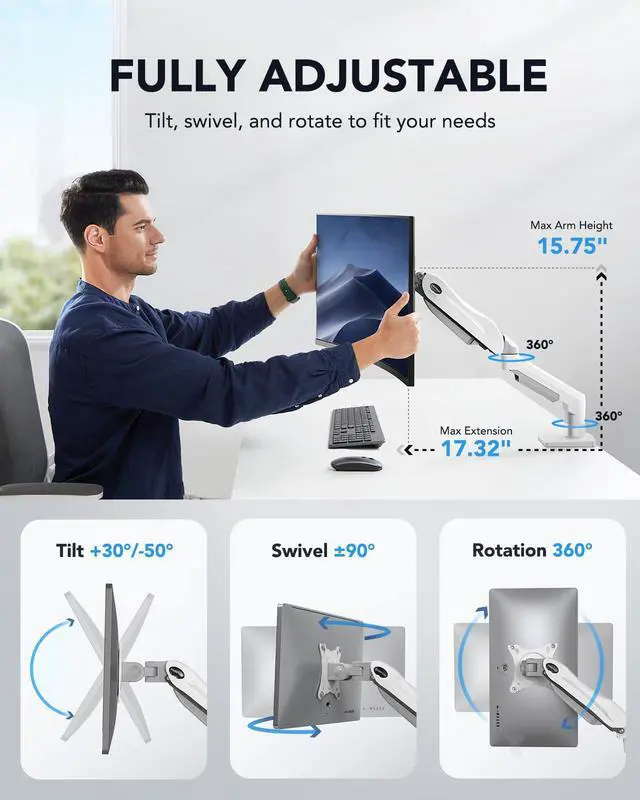Alt view image 4 of 6 - Single Monitor Mount, 13 to 32 Inch Gas Spring Monitor Arm, Adjustable Stand, Vesa Mount with Clamp and Grommet Base - Fits 4.4 to 19.8lbs LCD Computer Monitors