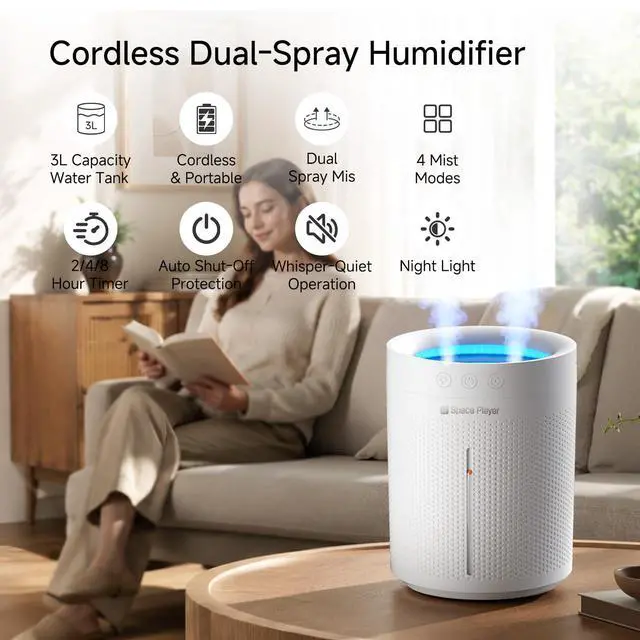 Alt view image 2 of 7 - Air Humidifier for Bedroom Baby, 3L Top Fill Dual Spray Portable