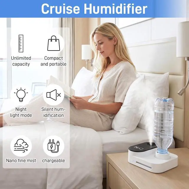 Alt view image 6 of 7 - Cruise Humidifier Portable Humidifier for Travel Whisper-Quiet Mini Humidifier Travel Humidifier for Cruise, Office or Car with Night Light, Auto-Off & 2 Mist Modes Water Bottle Humidifier