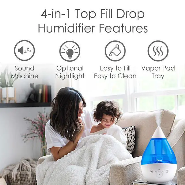 Alt view image 2 of 7 - 4-in-1 Drop 2.0 Ultrasonic Cool Mist Humidifier with Sound Machine, Night Light, Aroma Tray, 1 Gallon Top Fill, Blue & White