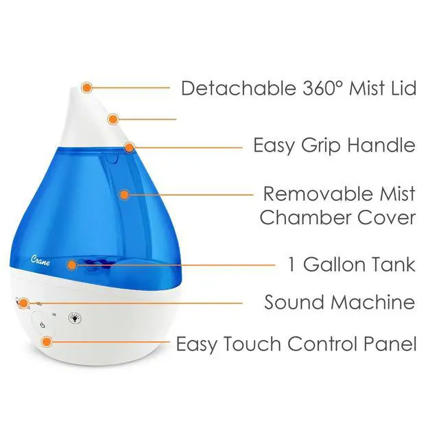 Alt view image 3 of 7 - 4-in-1 Drop 2.0 Ultrasonic Cool Mist Humidifier with Sound Machine, Night Light, Aroma Tray, 1 Gallon Top Fill, Blue & White