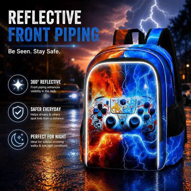 Alt view image 2 of 7 - 3PCS Game Console Backpack for Boys, 17" Kids Bookbag with Lunch Box for Boy, Flame Thunder Backpacks Water Resistant and Lightweight for Teen