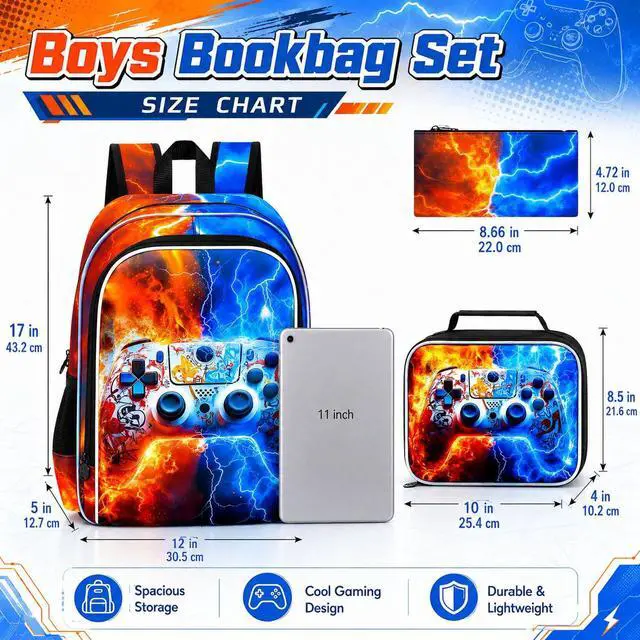 Alt view image 4 of 7 - 3PCS Game Console Backpack for Boys, 17" Kids Bookbag with Lunch Box for Boy, Flame Thunder Backpacks Water Resistant and Lightweight for Teen