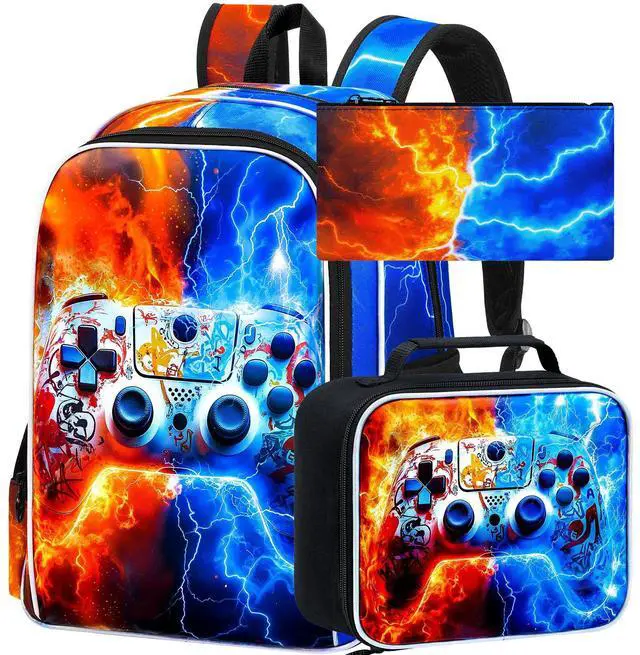 Main image of 3PCS Game Console Backpack for Boys, 17" Kids Bookbag with Lunch Box for Boy, Flame Thunder Backpacks Water Resistant and Lightweight for Teen