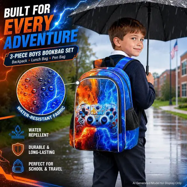 Alt view image 3 of 7 - 3PCS Game Console Backpack for Boys, 17" Kids Bookbag with Lunch Box for Boy, Flame Thunder Backpacks Water Resistant and Lightweight for Teen
