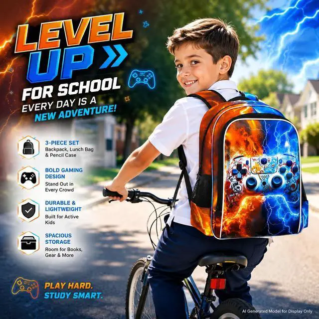 Alt view image 5 of 7 - 3PCS Game Console Backpack for Boys, 17" Kids Bookbag with Lunch Box for Boy, Flame Thunder Backpacks Water Resistant and Lightweight for Teen