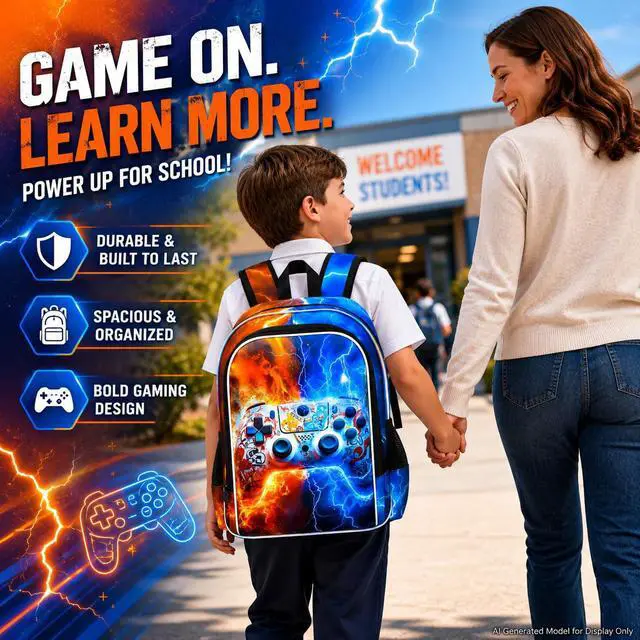 Alt view image 6 of 7 - 3PCS Game Console Backpack for Boys, 17" Kids Bookbag with Lunch Box for Boy, Flame Thunder Backpacks Water Resistant and Lightweight for Teen