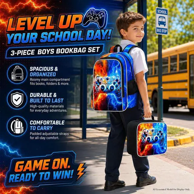 Alt view image 7 of 7 - 3PCS Game Console Backpack for Boys, 17" Kids Bookbag with Lunch Box for Boy, Flame Thunder Backpacks Water Resistant and Lightweight for Teen